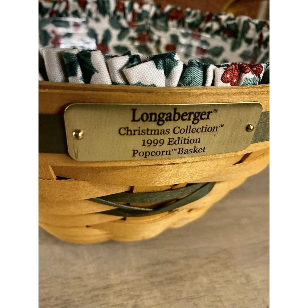 1999 Popcorn ~ Longaberger Green Basket w/ Leather Handles ~ Liner & Protector